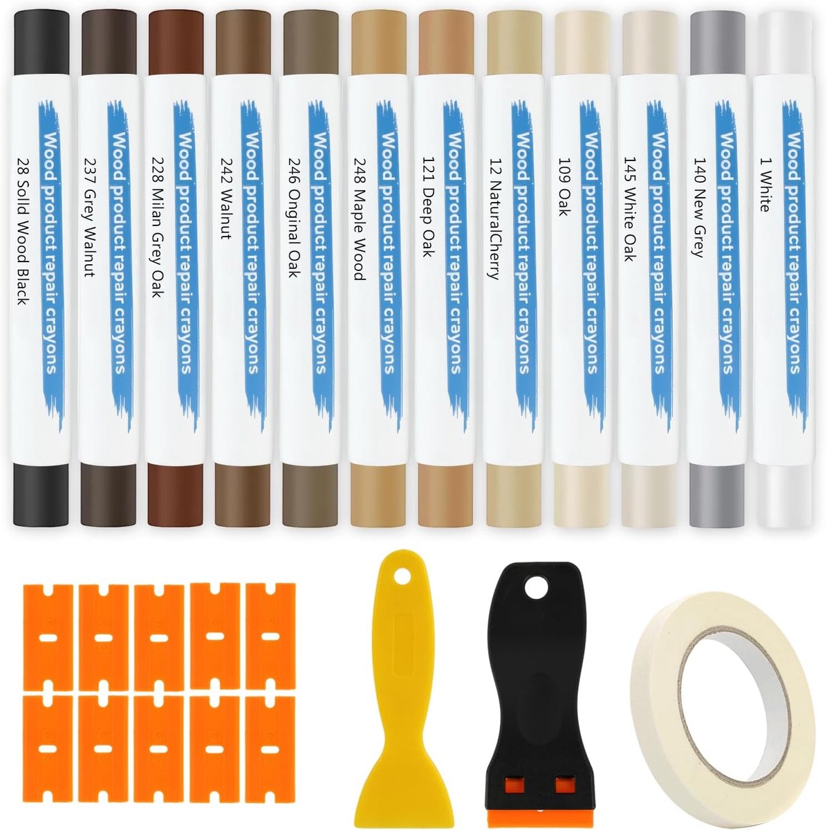 Reparatieset voor laminaat, reparatieset voor parket, 12 kleuren, harde waskrijtjes voor meubels en parket, retoucheerstokken voor krassen, gaten, spaanders, laminaat, kasten, werkbladen van massief
