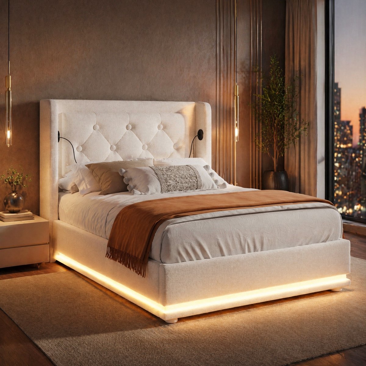 WUVRIE Eenpersoons opbergbed 90x200 cm met hydraulische opbergruimte, USB en USB-C, LED en lattenbodem, beige
