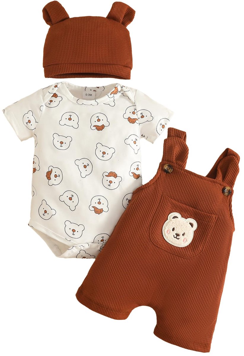 SnelShoppen - Kleding voor Pasgeborenen Jongens - Corduroy Berenprint - Lange Mouwen en Bretelbroek met Zak - Baby Kleding Korte Mouw Bruin - 6-12 Maa