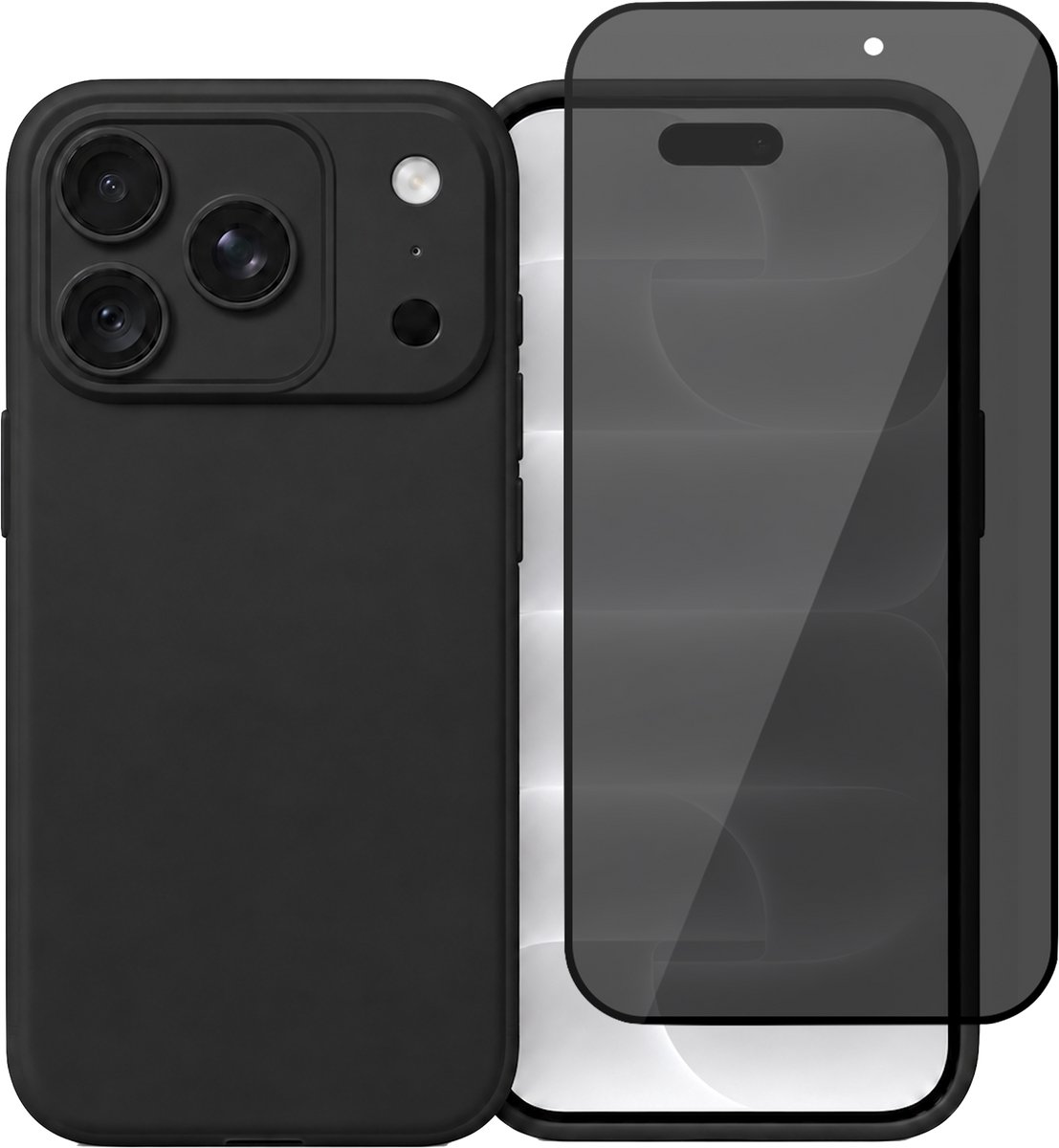 Hoesje geschikt voor iPhone 18 Pro / 17 Pro – MatteShield Back Cover – Zwart – Privacy Screenprotector Full Cover