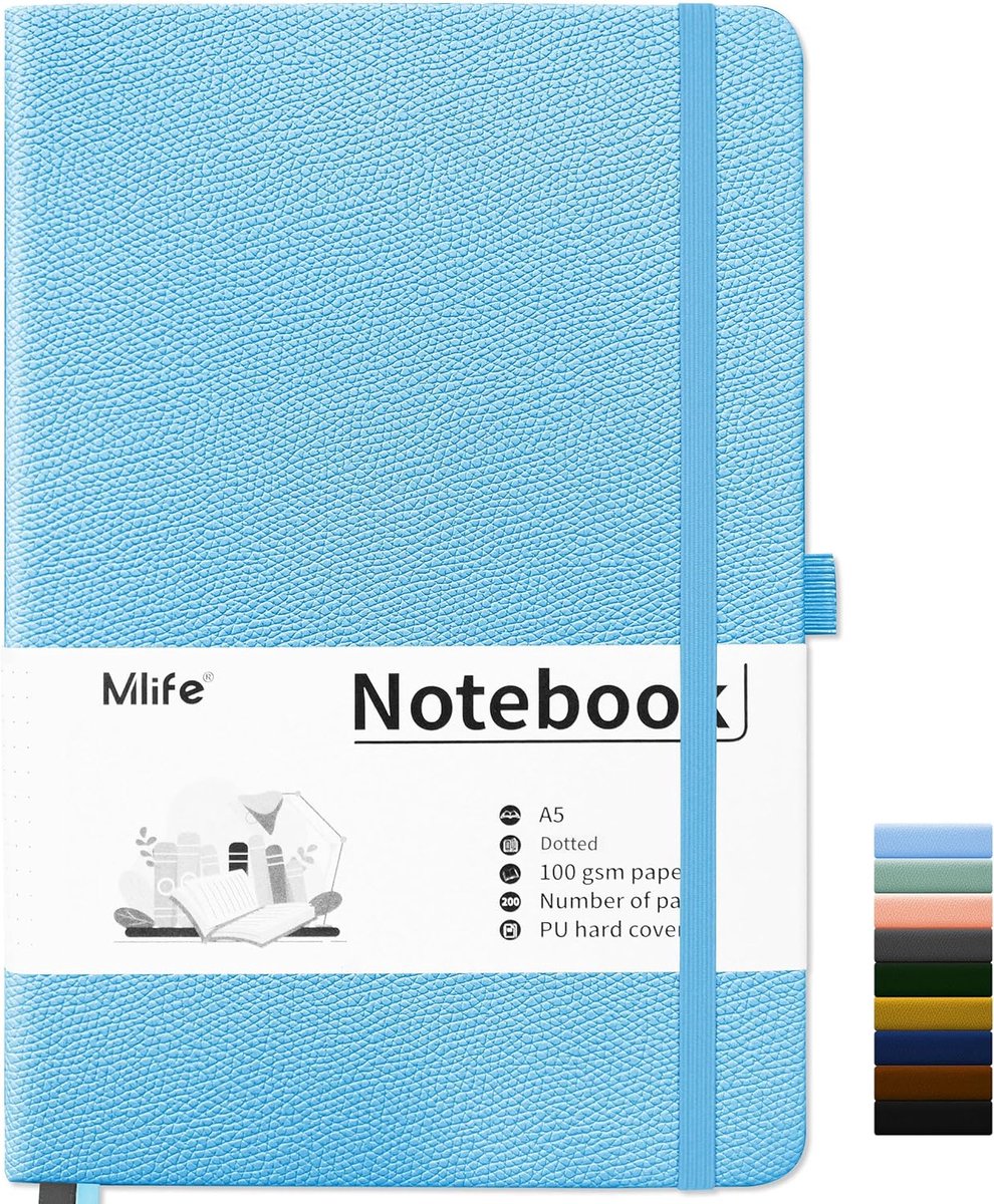 SnelShoppen - A5 Notitieboek Met Stippen - 200 Pagina's Dik Papier 100 Gsm - Lichtblauw PU Notitieboek met Harde Kaft, Binnenzak en Elastische Band -