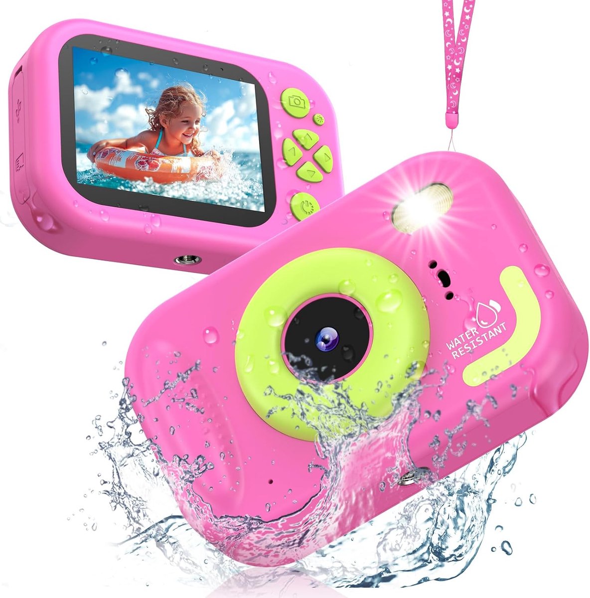 Camera voor kinderen, 48 MP, 1080p, digitale camera, onderwatercamera, kinderen met 2,4 inch scherm, TF-kaart, noodled-flitser, cadeau voor meisjes van 3-12 jaar, roze