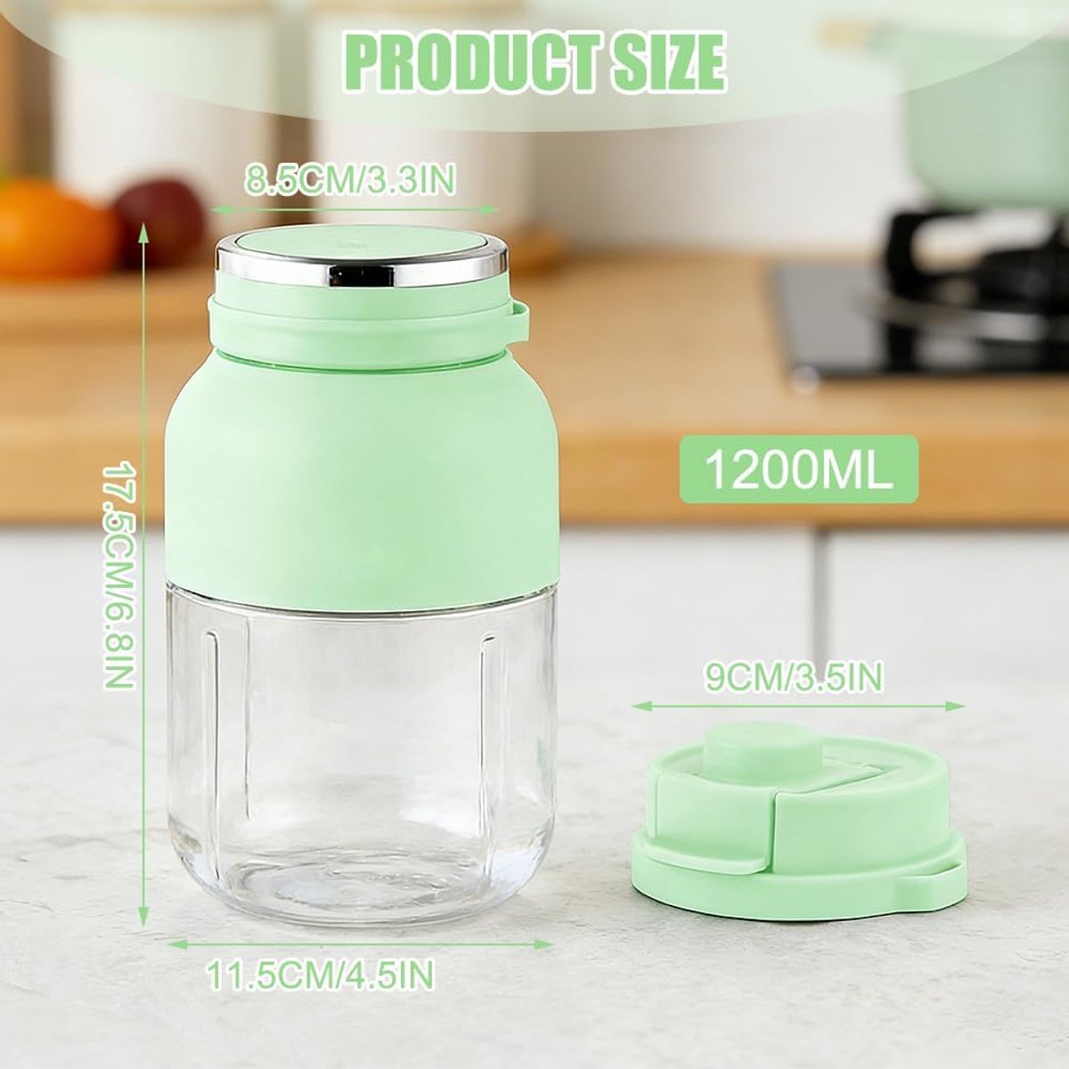 SnelShoppen - Portable Mixer Smoothie Maker 1200ml - Oplaadbare Blender Bottle met 38 RVS Bladen - Lekvrije Deksel voor Milkshake Juice - Lichtgroen