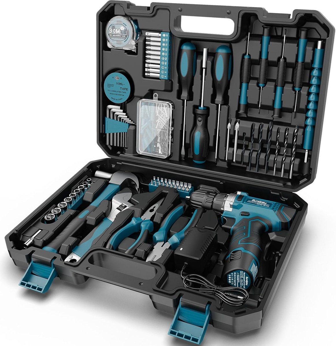 SnelShoppen - Complete Tool Box met 206 Stukken, 12V Accuschroevendraaier, LED Verlichting, Gereedschap Set voor Huishoudens, Koffer voor Klussen, Bor