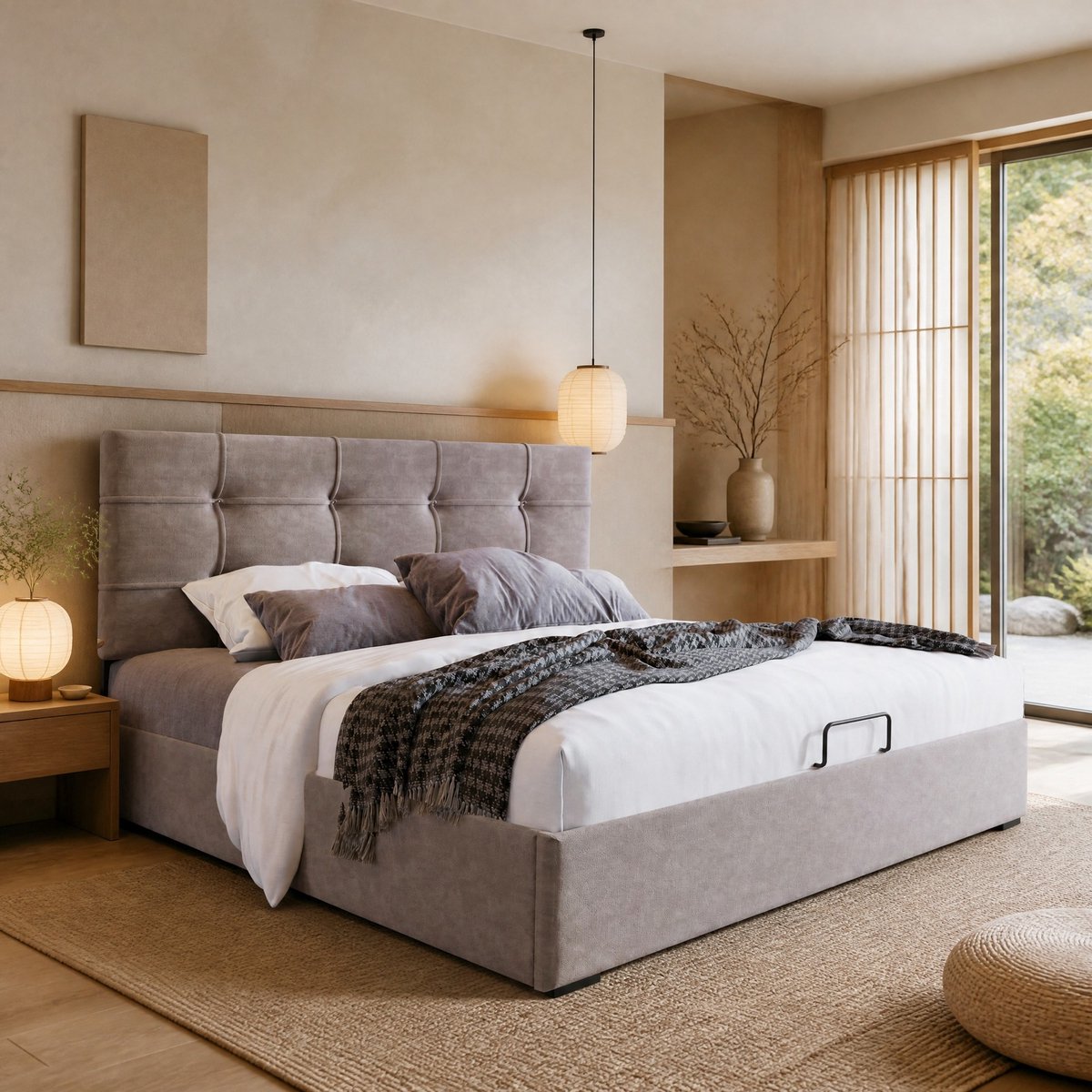 WUVRIE Opbergbed 140x200 cm met verstelbaar hoofdeinde, lattenbodem en velours, lichtgrijs