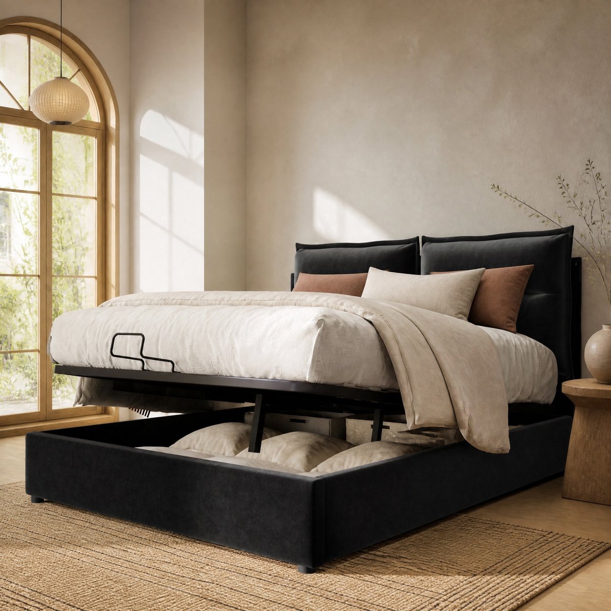 WUVRIE Opbergbed 140x200 cm met hydraulische lattenbodem en verstelbaar hoofdeinde, zwart