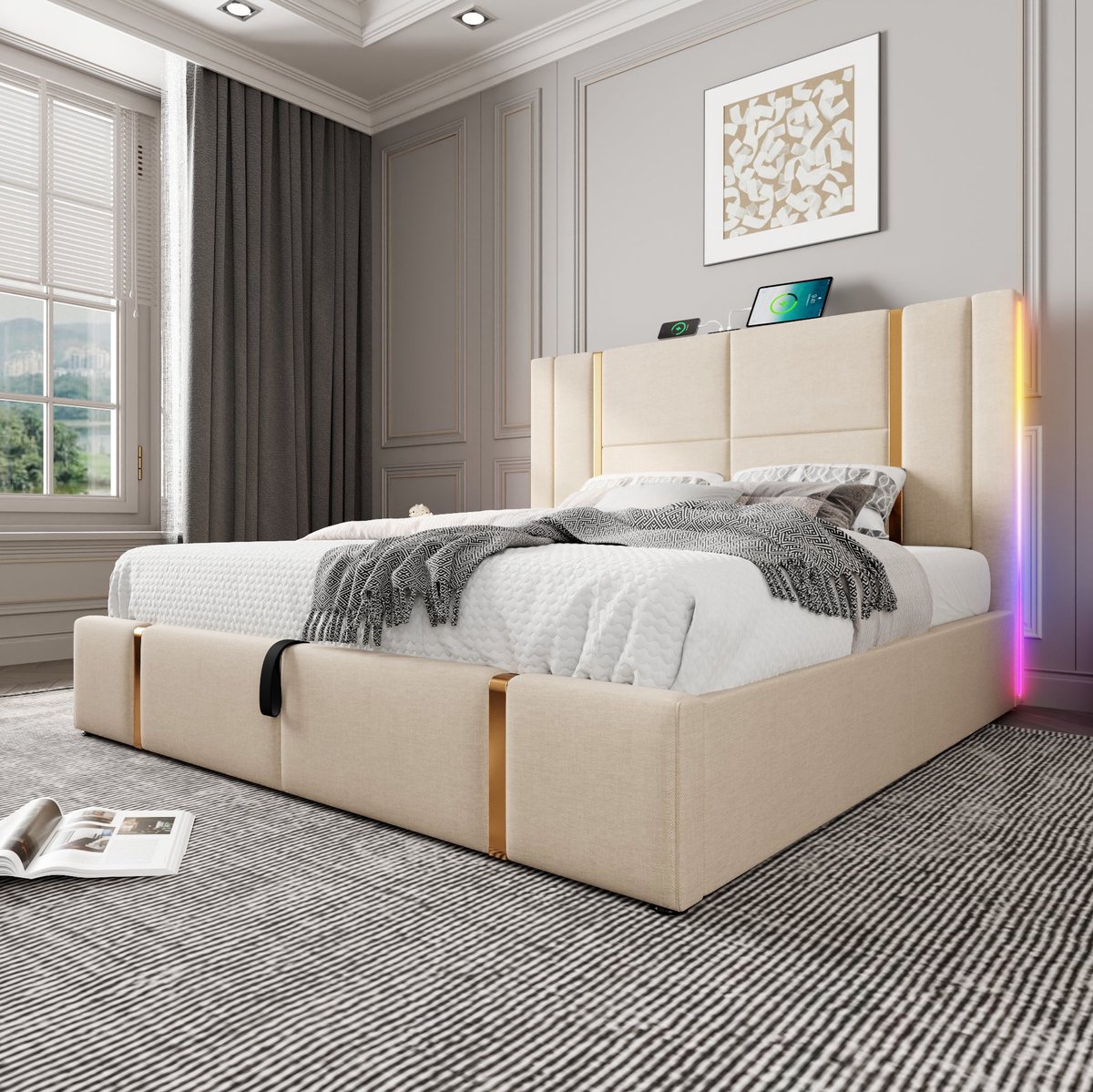 WUVRIE Gestoffeerd tweepersoonsbed 140x200 cm met opbergruimte, USB- en USB-C-aansluiting, LED, beige
