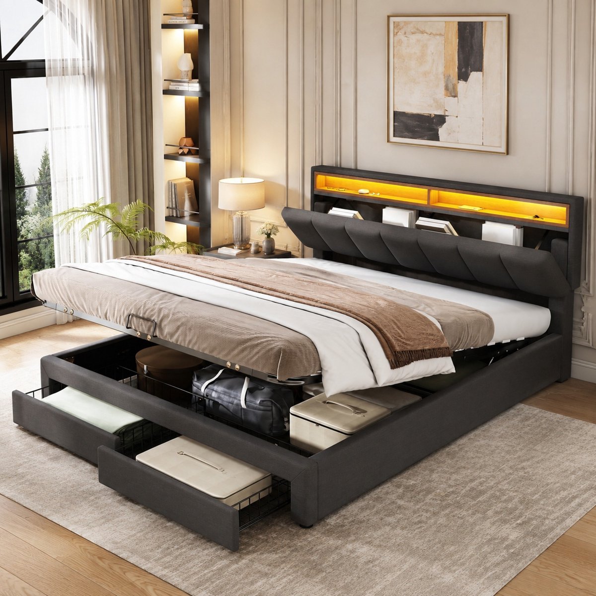 WUVRIE Gestoffeerd hydraulisch opbergbed 160x200 cm met LED-hoofdbord, lades en lattenbodem, donkergrijs