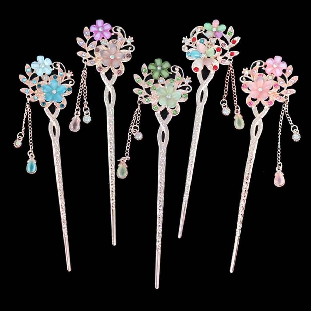 5 Kleuren Chinese Traditionele Bloem Haar Sticks, Retro Glitter Strass Haarspeld, Elegante Bloem Haar Eetstokjes Haar Pin Chignon met Kwastje (Stijl B)