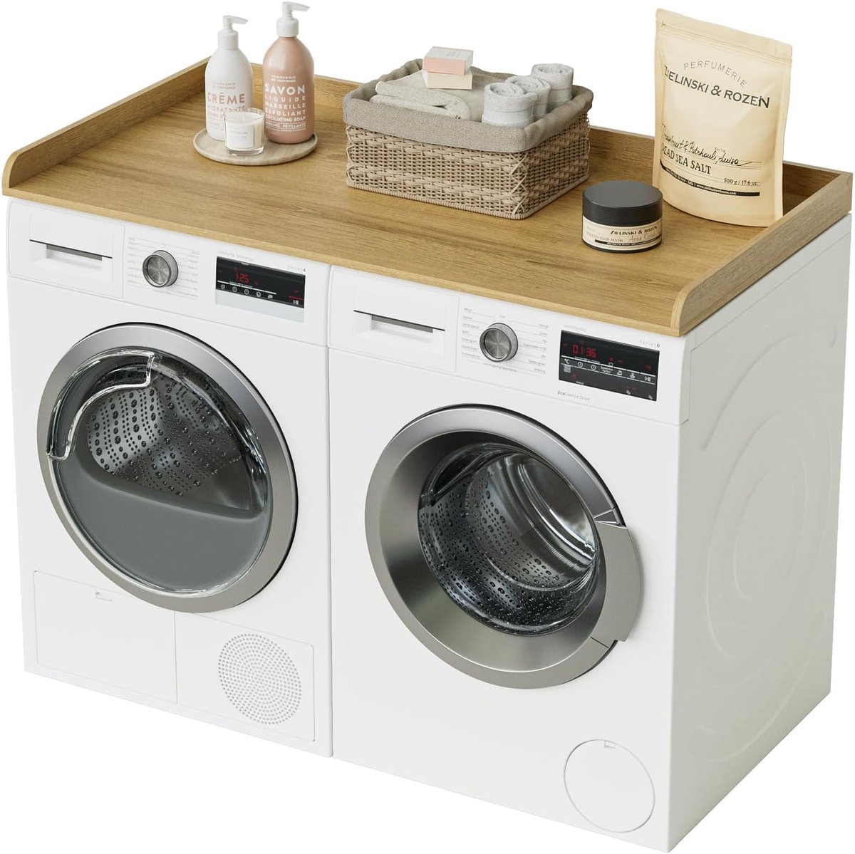 Wasmachine-droog-werkblad, organisatie en opslag voor bijkeuken, houten wasruimte, werkblad voor wasmachine en droger, eiken