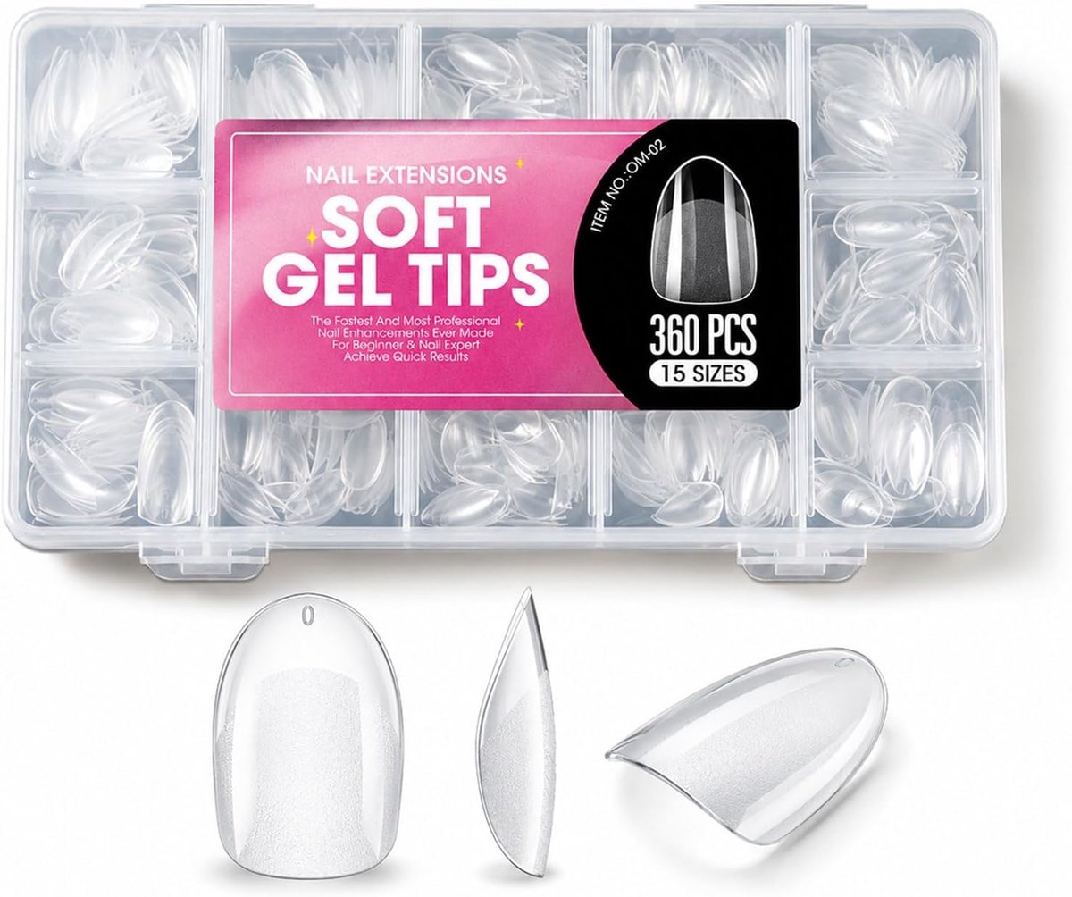 360 stuks transparante amandelvormige softgel nageltips in 15 maten