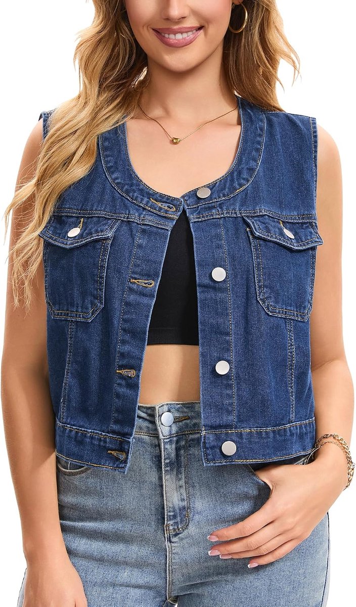 Mouwloos jeansvest knoopsluiting ronde hals kraagloos gewassen denim jas