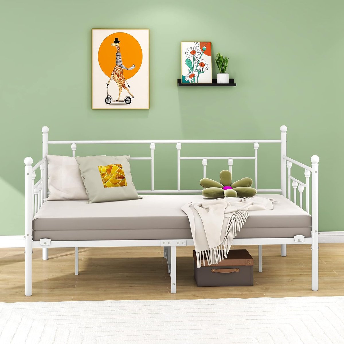 Bedframe, 90 x 200 cm, eenpersoonsbed, slaapbank met lattenbodem, voor logeerkamer, tienerbed, metalen bed, dagbed, bedframe voor slaapkamer en woonkamer, wit