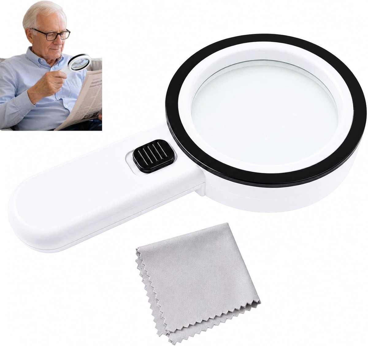 Leesloep met 12 ledlampen, handverlichte loep met dubbele glazen lens 10 cm, voor senioren, lezen van kleine tekens, munten, postzegels, sieraden en kaarten