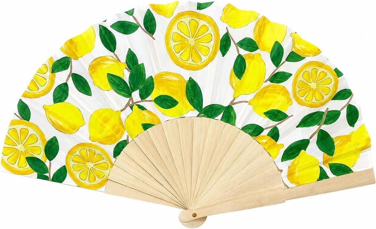 Handwaaier met citroenpatroon en houten stangen, lichte zomerwaaier, draagbaar accessoire voor feestfoto's, reizen en cadeau, 23 cm