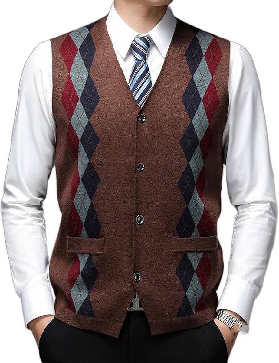 Argyle Vest Voor Heren Met V-Hals, Jeugdmode Verdikt Gebreid Vest Bovenkleding Casual Trendy Trui, Klassieke Zakelijke Heren Gebreide Vest Trui Vest Tanktops,Koffie,S