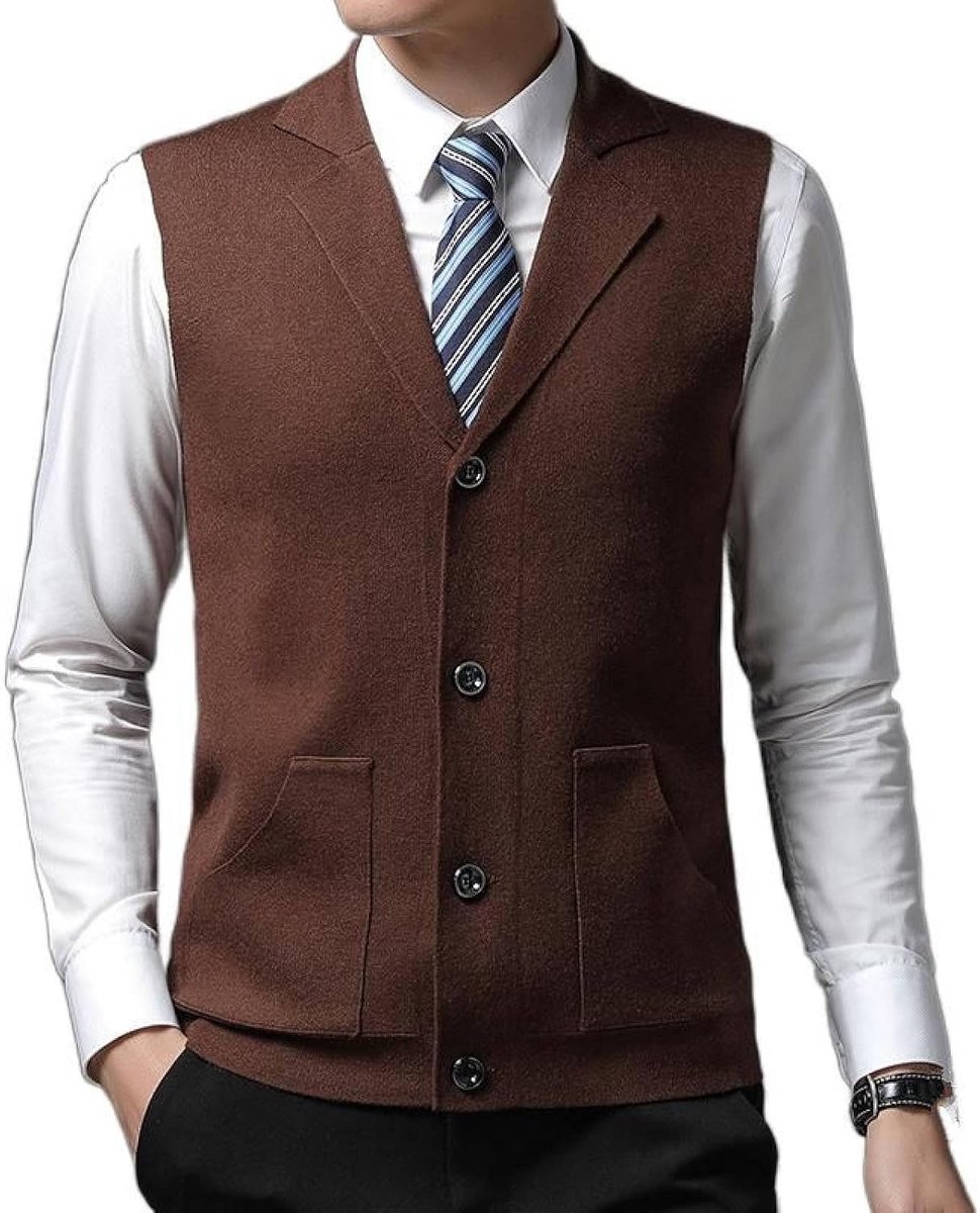Vestvest Van Middelbare Leeftijd, Klassiek Dik Pakkraag Gebreid Vest Zijnaadzak Effen Kleur Mouwloos Vest, Zakelijk Herengebreid Vest Truivest Tanktops,Koffie,S