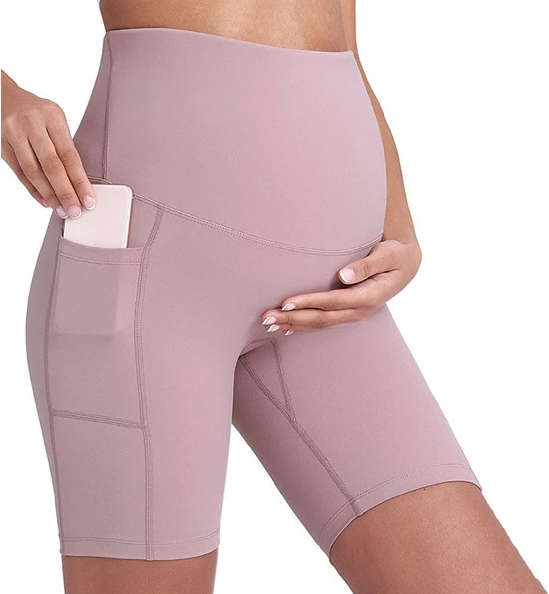 Zwangerschapsyoga-shorts, hoge taille, naadloze ondersteuning, zacht actief zwangerschapsbroekje met zakken voor mobiele telefoon (S-XL), roze, 34/Slank