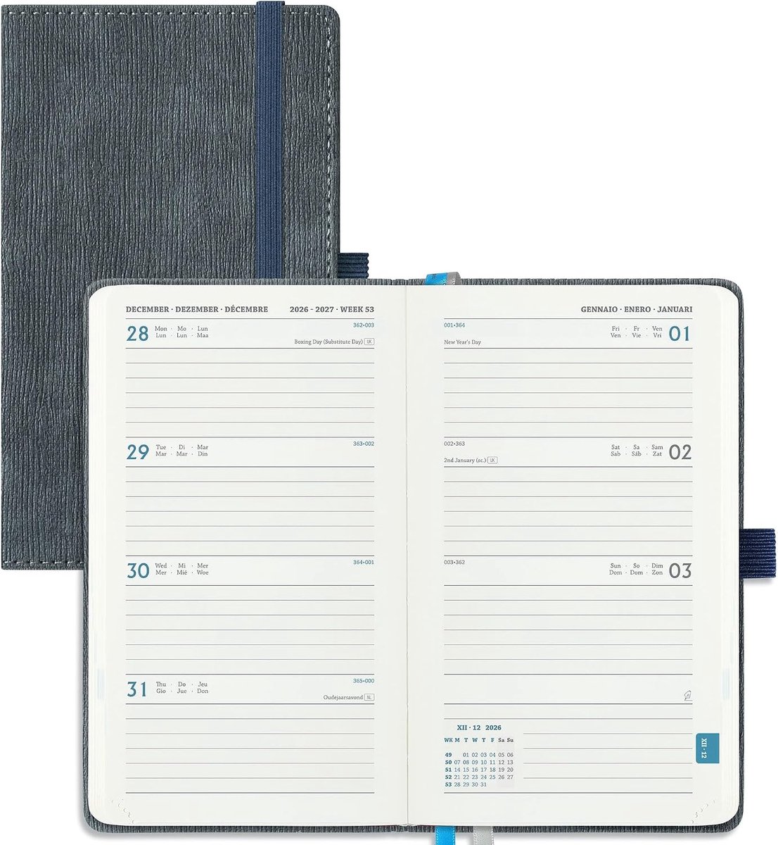 2026 2027: Pocket Weekagenda A6 Klein Boekagenda(16,4 x 9,5cm) Schoolagenda 18 Maanden Weekplanner van Jul.2026 tot Dec.2027, 80 Grams Papier, PU Lederen Kaft, Koolskoolgrijs