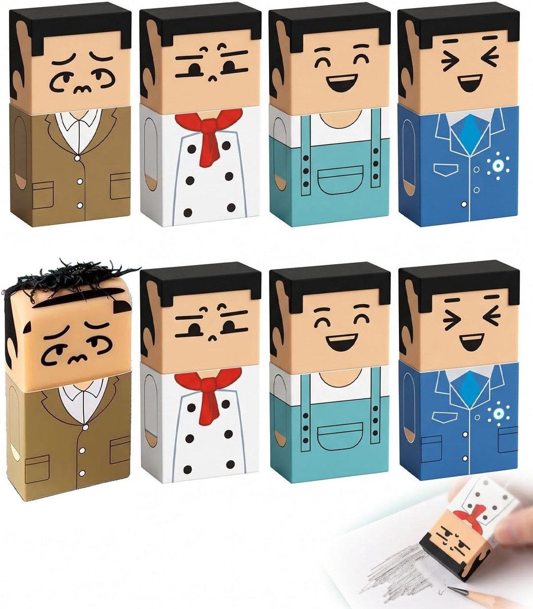 Gom voor kinderen, 8 stuks grappige minifiguren (4 unieke designs) – ideaal voor school, verjaardagsfeesten en schoolbeloningen