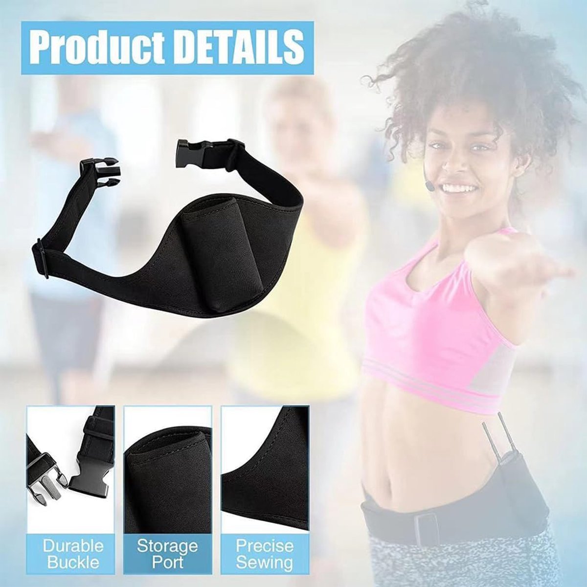 Microfoontas, fitnessriem, verstelbare heuptas voor je microfoon, heuptas voor microfoonzender, theaterriem, buiktas voor fitness, zwart, Zwart, Microfoontas