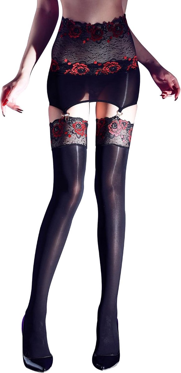 Jarretelkousen voor dames, bloemenkant, kousenband, glanzende kousenhouder, heup panty, stocking, eenheidsmaat