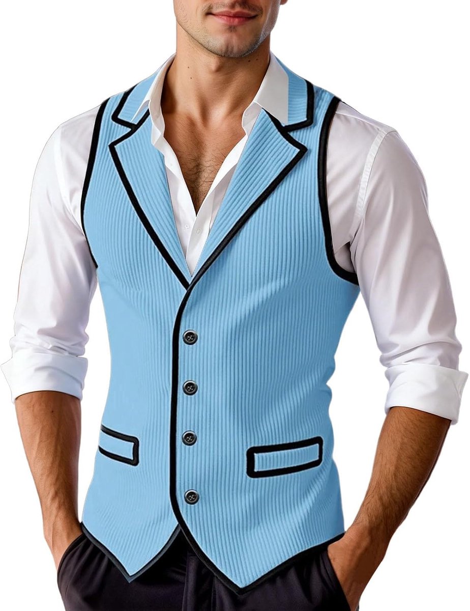 Vest met contrasterende randen, slim fit, knoopsluiting, zakelijk en bruiloft (lichtblauw, XXL)