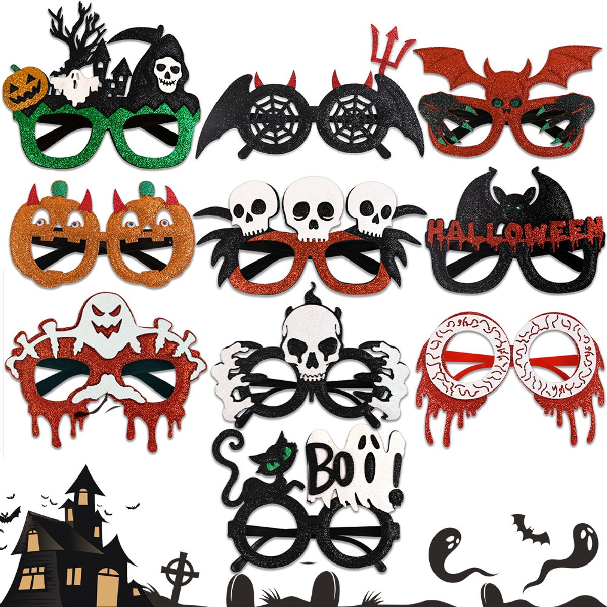 9-Pcs Halloween-brillen – Griezelige feestbrillen met diverse Halloween-thema's voor verkleedfeestjes en fotohokjes (geschikt voor kinderen en volwassenen)
