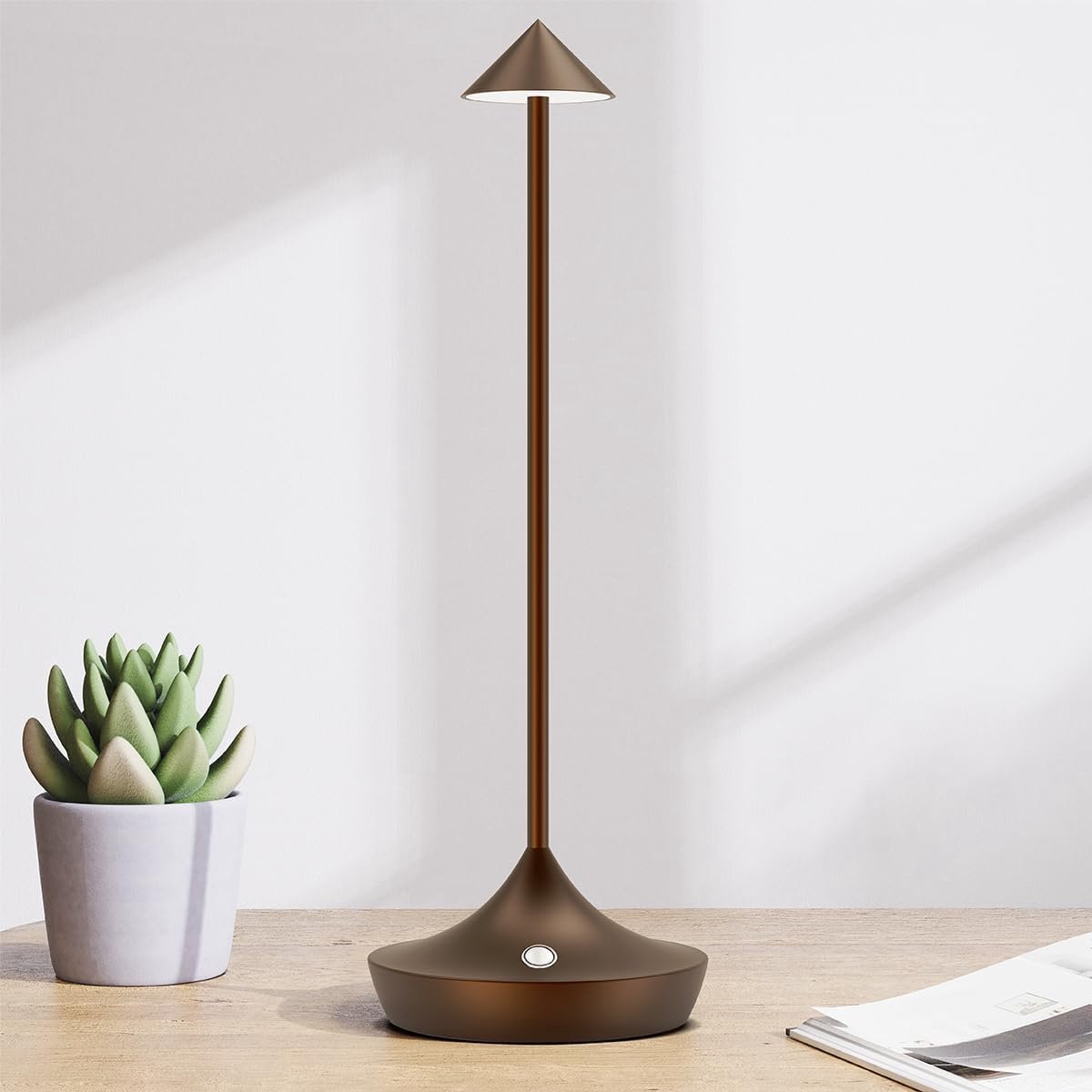 Draadloze tafellamp 6000mAh oplaadbare LED, bedlampje. Mode aluminium lamp, draagbaar batterijlicht, dimbaar, waterdicht, voor restaurantbureau buiten (bruin)
