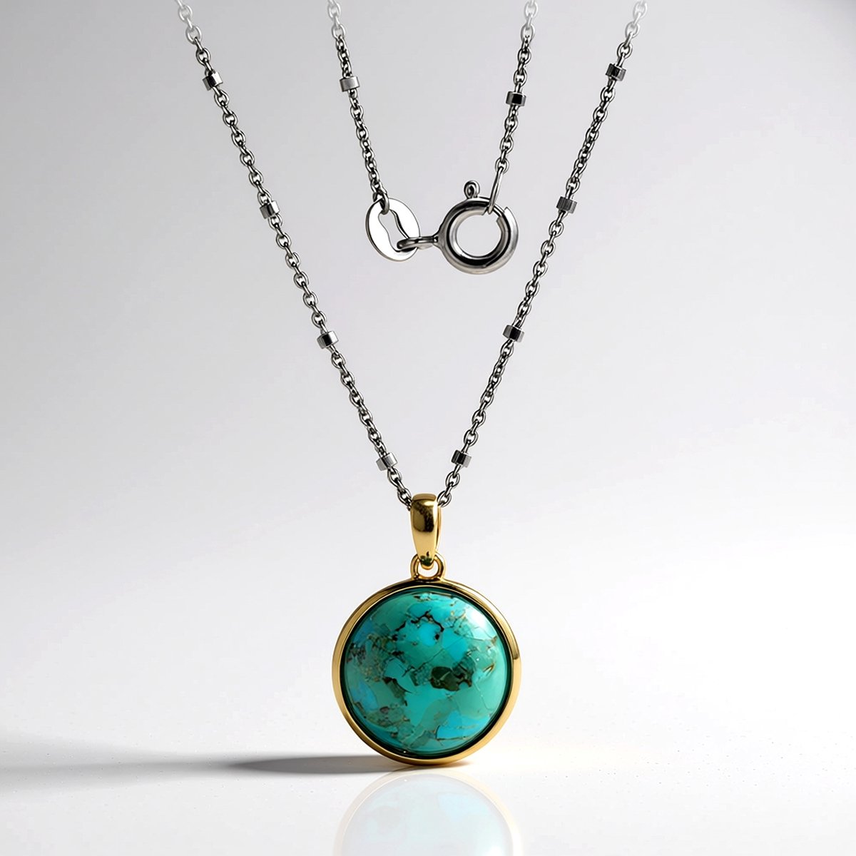 Cavill - Zilveren Halsketting 925 Sterling Zilver - Turkoois 3,79 ct Ronde Cabochon - 45 cm - Moderne Elegante Ketting Dames