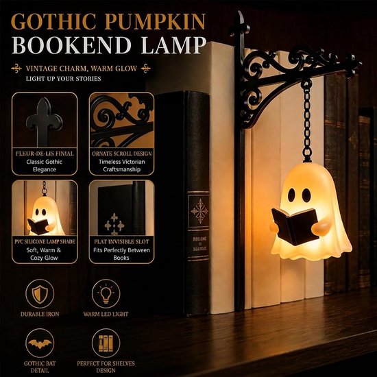 KZQ Boekenplank Lamp - 2 Stuks - Halloween Decoratie - Nachtlamp - Leeslamp - Vintage Lantaarn - Met Spook & Pompoen - Warm LED Licht - Op Batterijen - Voor Boekenkast Slaapkamer - Zwart van KZQ — afbeelding 4