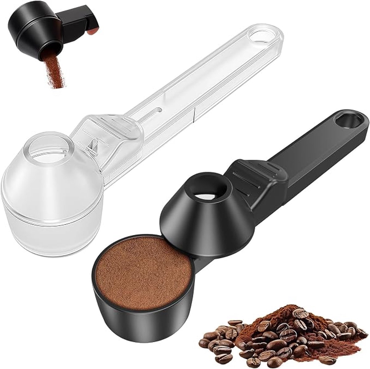 2 stuks Koffielepel - Koffiescheptrechter - morsvrije maatlepel - Schuifbare koffielepel - Hervulbare Koffielepel en Trechter - Koffie Accessoires - Voor gemalen koffie, eiwitpoeder, thee - zwart - Transparant