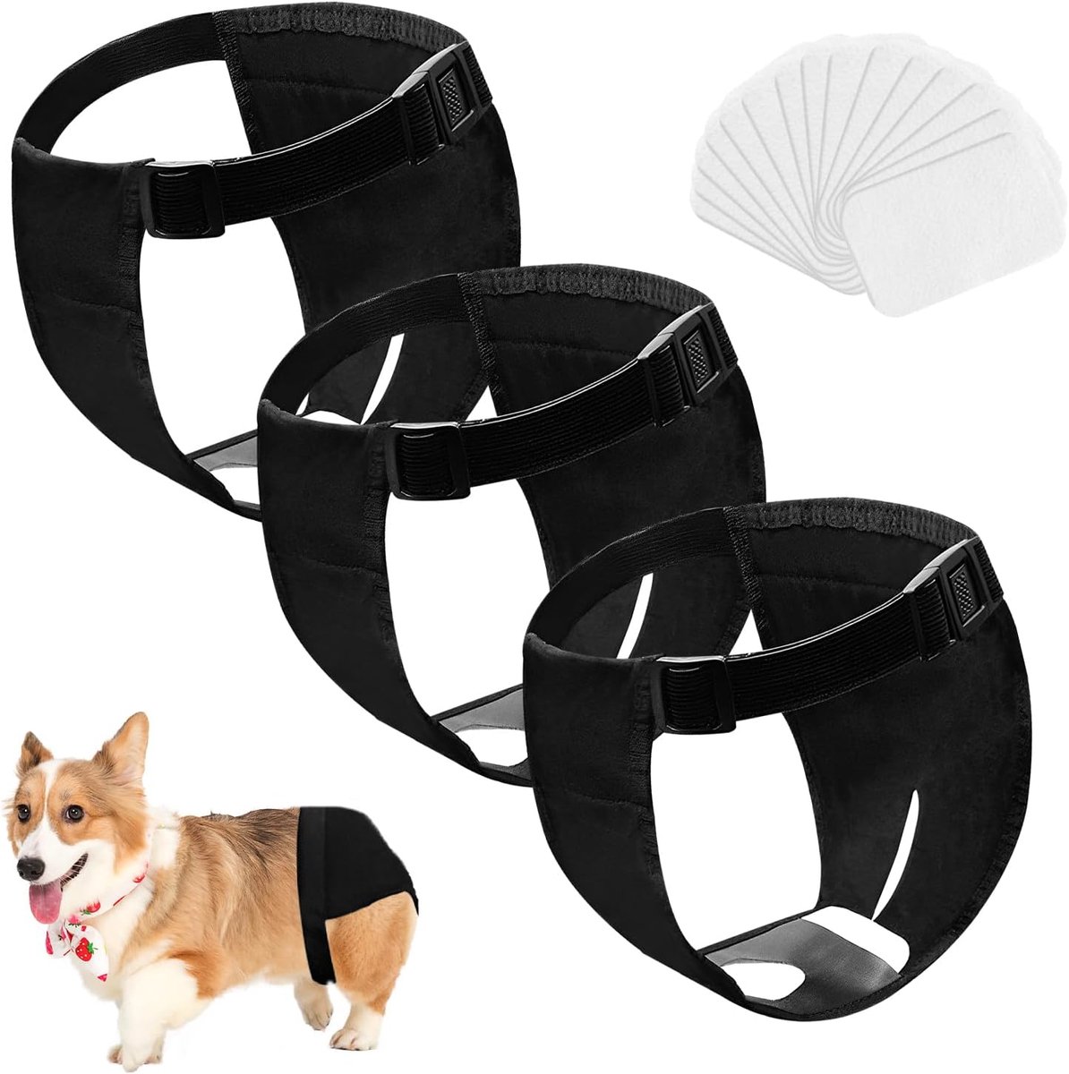 Luier voor vrouwelijke honden, slipje, 3 stuks wasbare hondenluiers met 30 maandverband, luier voor warme honden, menstruatieslip voor honden, zwart (XL)