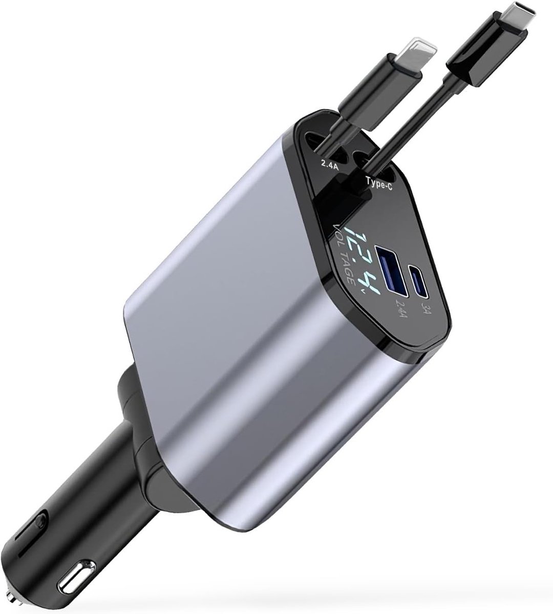 Autolader, USB C, 120 W, intrekbaar, sigarettenaansteker auto met USB C PD-aansluiting, multiport Rapid, universele autolader, compatibel met verschillende merken smartphones
