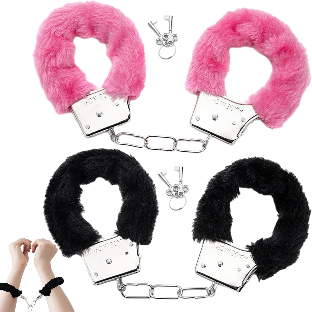 Handboeien met 4 sleutels, roze pluizige handboeien voor volwassenen, Valentijnsdag cadeau voor minnaar, zwart metalen handboeien voor cosplay, handboeien rekwisiet, jurk bal feest