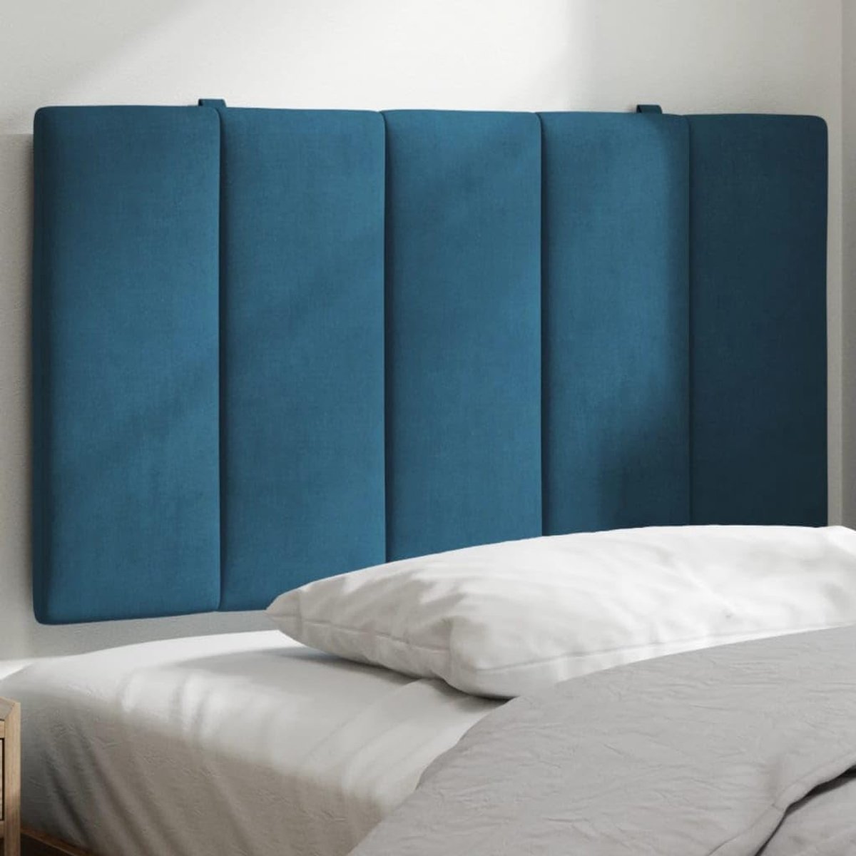 Hoofdbordkussen, blauw, 90 cm, fluweel met schuimvulling voor rugondersteuning, zacht velours bekleding met ritssluiting en klittenbandsluiting voor eenvoudige montage