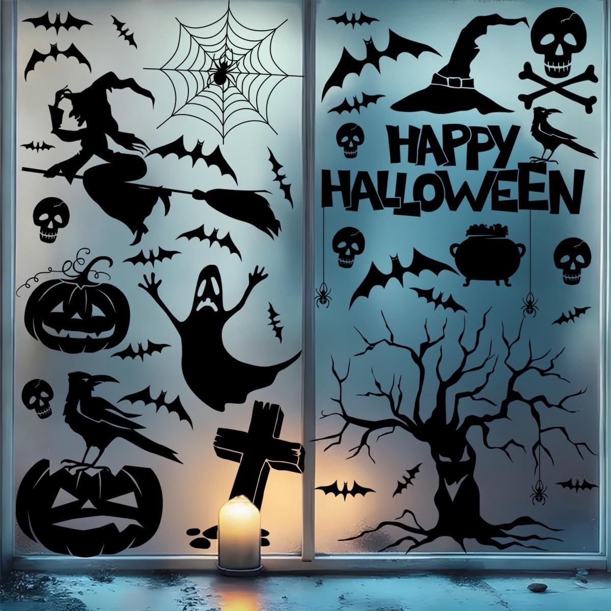 Set van 9 Halloween-stickers met 104 motieven - dubbelzijdige stickers, herbruikbaar, met vleermuizen, spinnen en geesten, voor ramen, deuren en glas