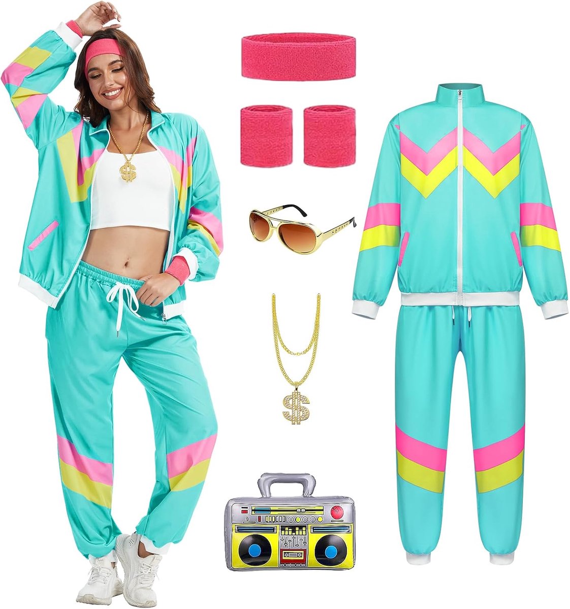 80 en 90 outfit dames, retro jaren 80 trainingspak jas broek pak met gouden ketting, opblaasbare radio, Halloween carnaval voor dames