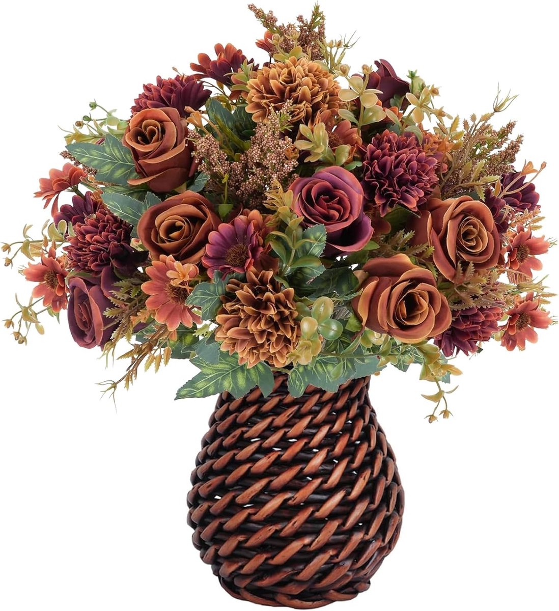 Kunstbloemen met bloemenmand, herfstbloemen, oranje