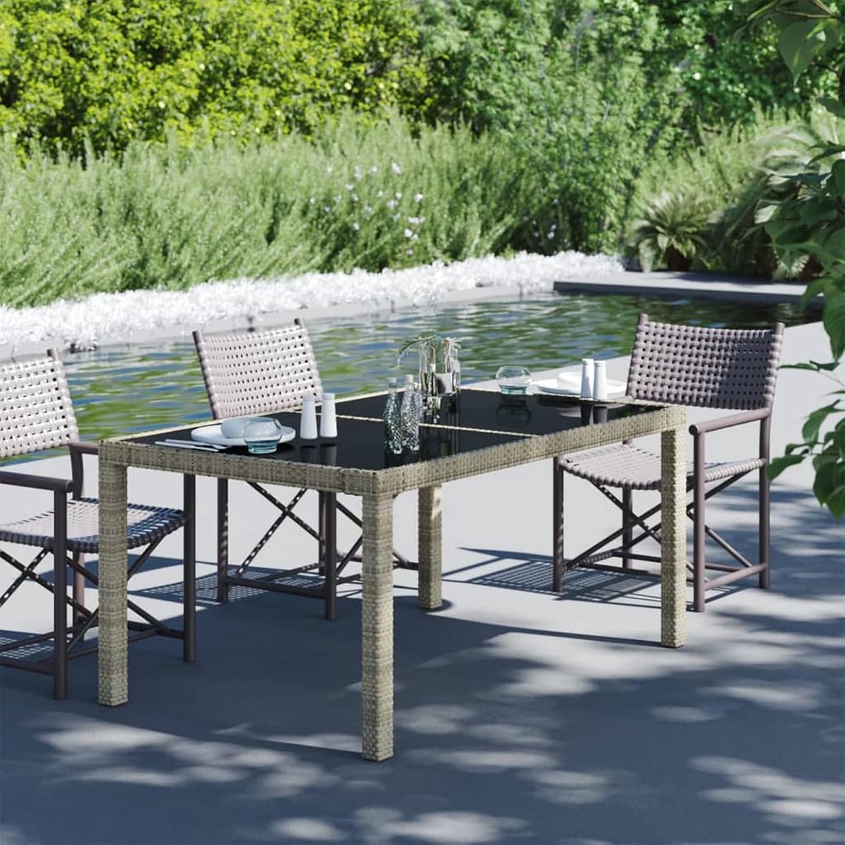 Tuintafel, balkontafel, eettafel, terrastafel, campingtafel, partytafel, buitentafel, tuinmeubelen, tafel voor tuin, terras en balkon, 150 x 90 x 75 cm, gehard glas, polyrotan, beige