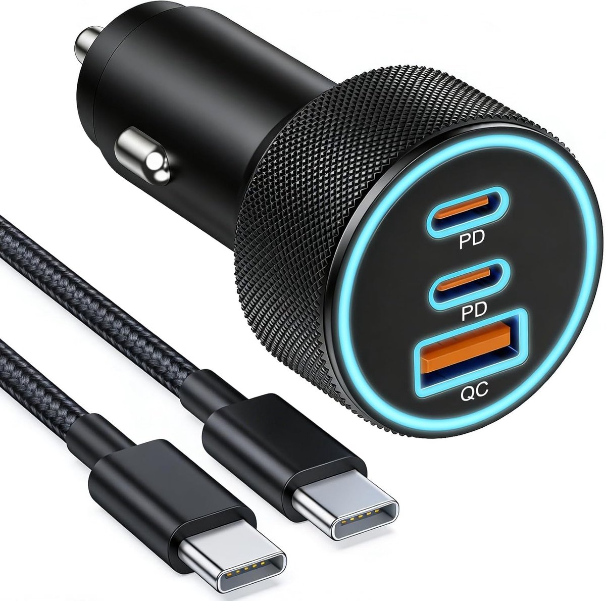 67 W 3-poorts sigarettenaansteker USB C met 60 W kabel, dual USB-C USB-A autolader PD QC autosnellader 12 V