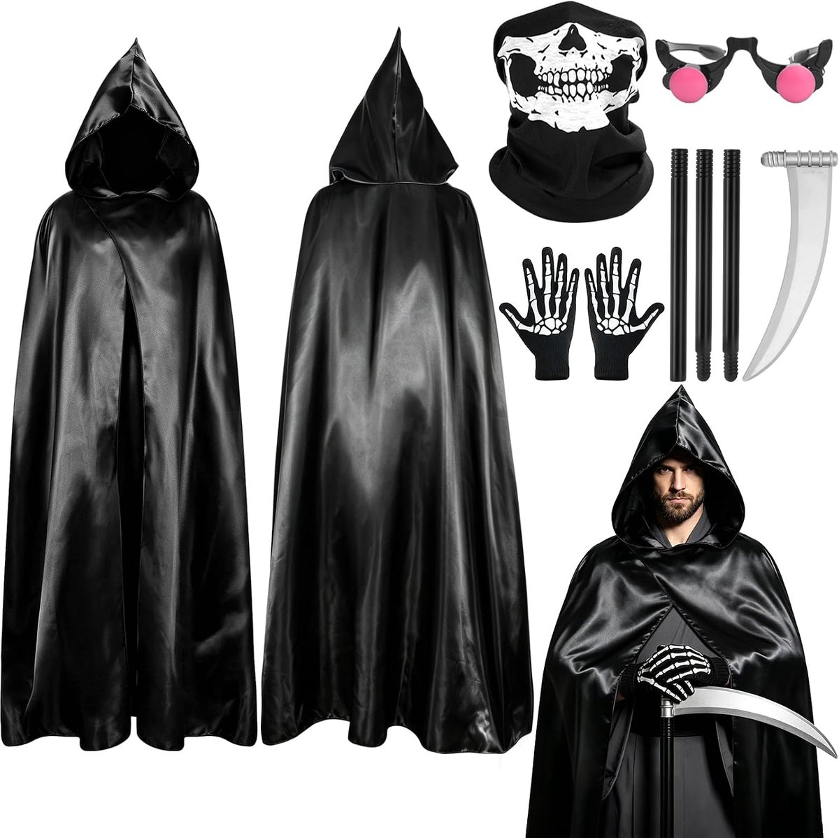 Set van 4 Grim Reaper Kostuum Mannen - Halloween Kostuum Mannen Griezelig 120/150/170/190CM Unisex Volwassen Grim Reaper Mantel met Zeis Schedel Masker Schedel Handschoenen