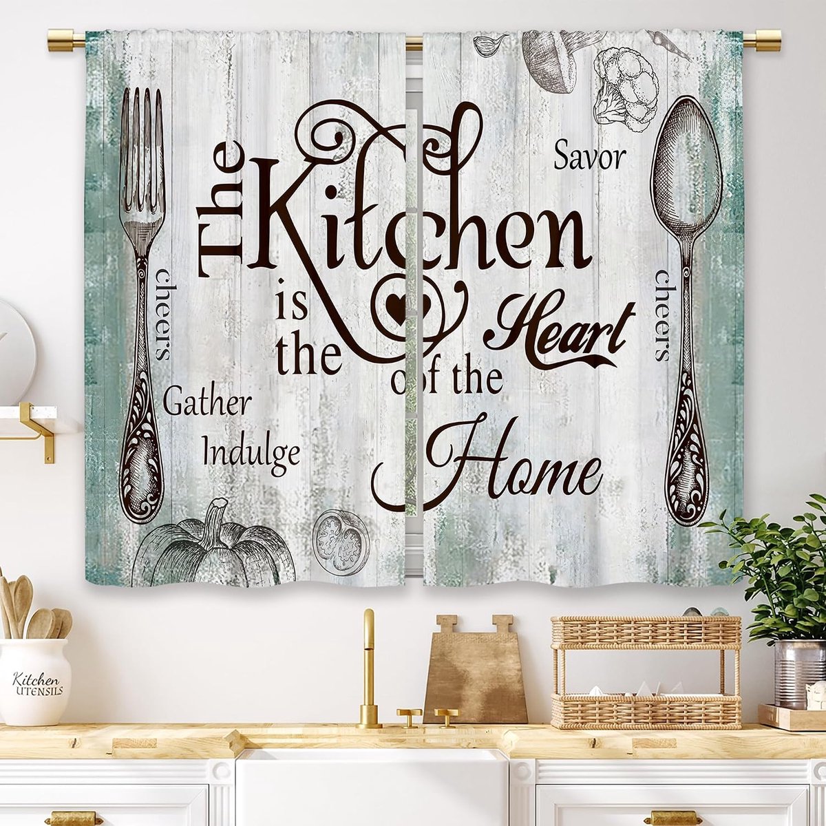 Houten gordijnen voor keuken, kleine korte houten gordijnen voor koffieramen, vintage, vork, lepel, tas voor gordijn, badkamer, woonkamer
