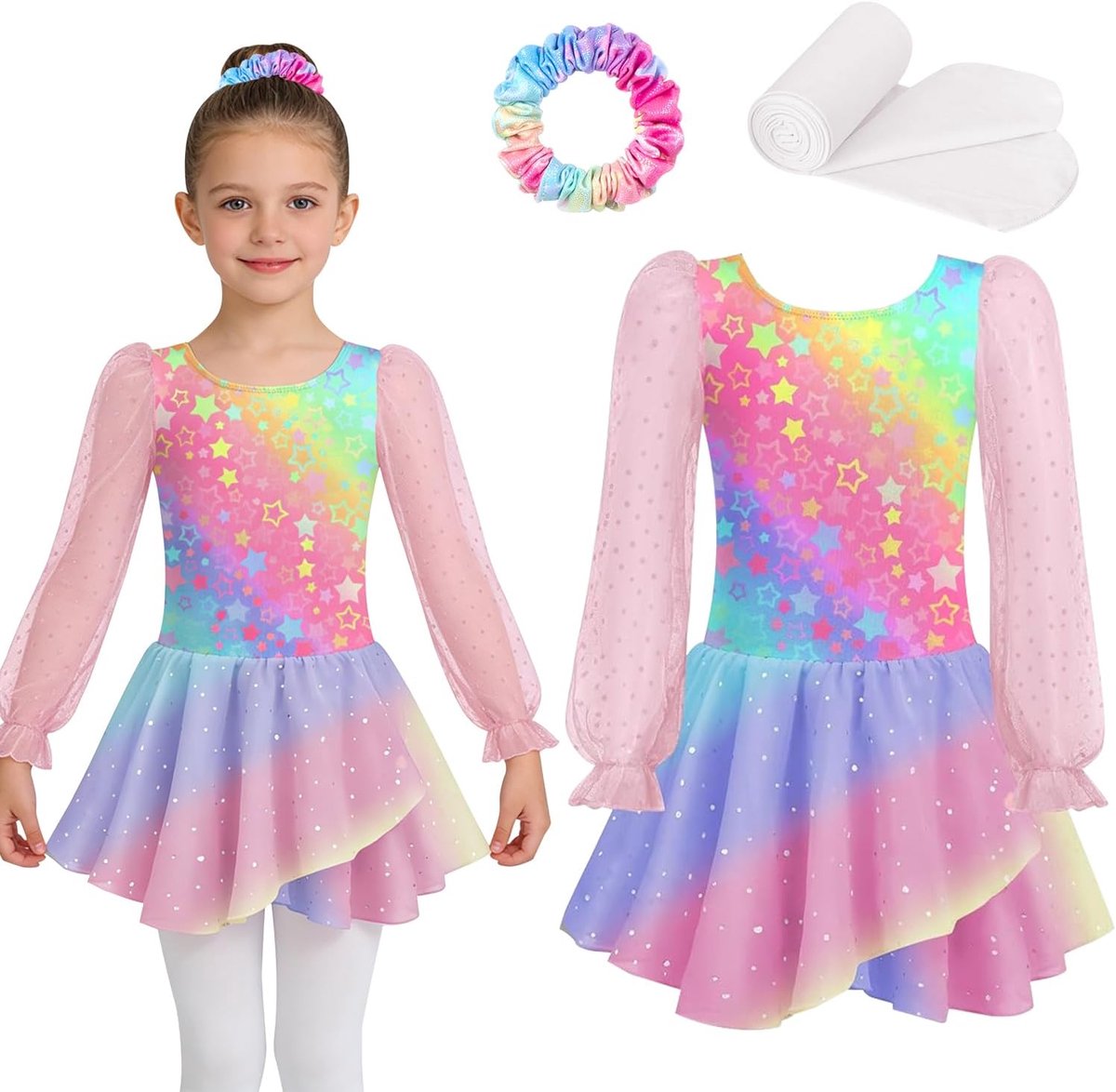 Balletshirt voor meisjes, met tutu, kinderset met Chouchou en witte leggings, danskleding voor onderwijs en optredens, balletkostuum voor meisjes van 4 tot 9 jaar