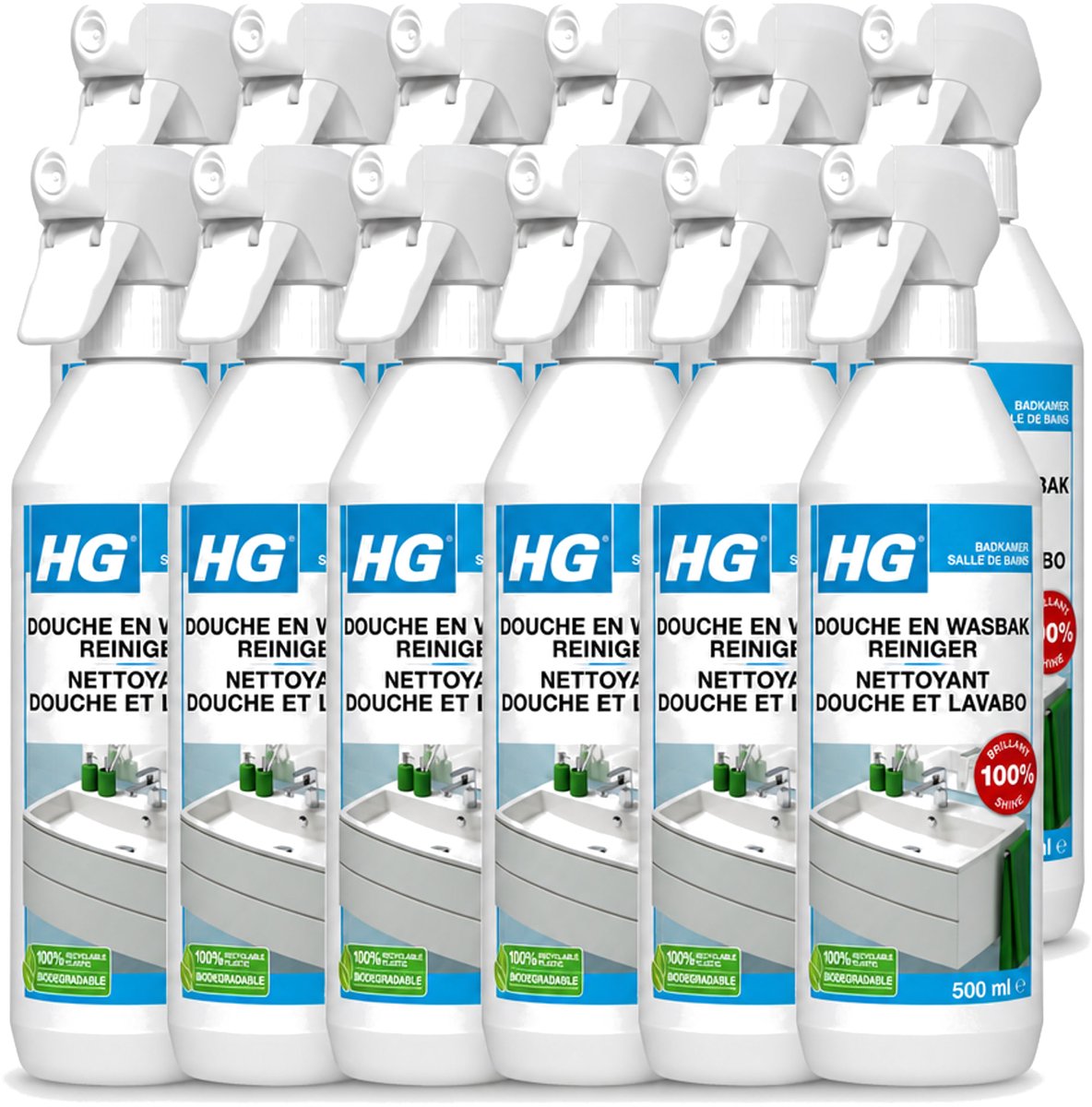 12 x HG - Badkamer - Douche-& Wasbakreiniger - Spray - Extra Glans - 500 ml - Voordeelverpakking - 12 stuks