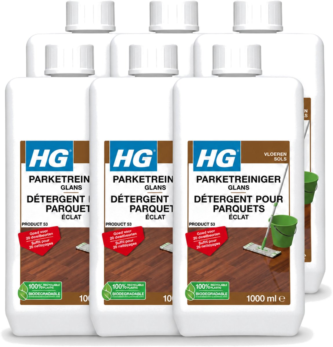 6 x HG - Vloeren - Parketreiniger Glans - 20 Dweilbeurten - 1L - Voordeelverpakking - 6 stuks