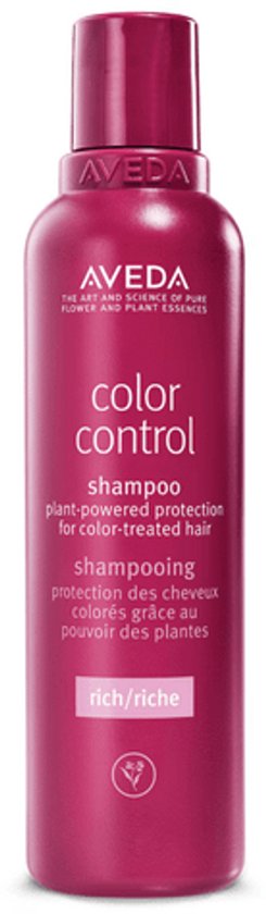 Aveda Color Control shampoo flesje in de kleur roze. Met de tekst 'color control shampoo' en 'rich/riche'.