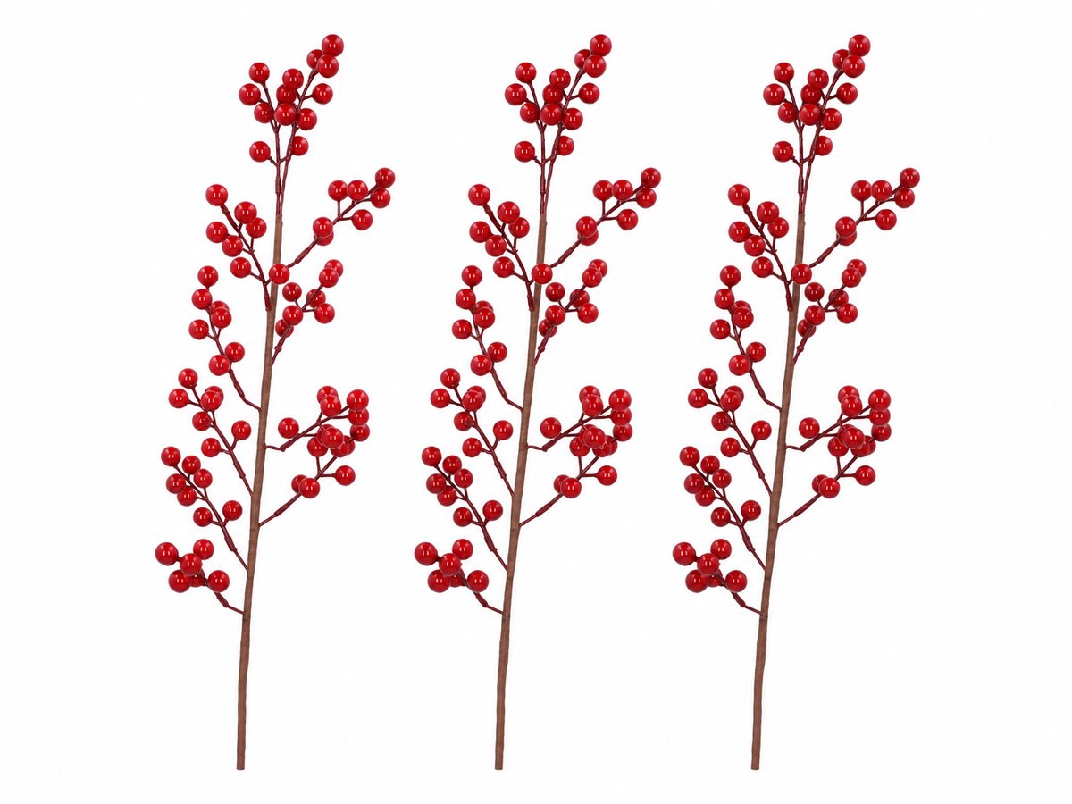 Daan Kromhout - Kunsttak - Rode Bes - Set van 3 - Besjes - Kerst - Rood - 80cm - Silk