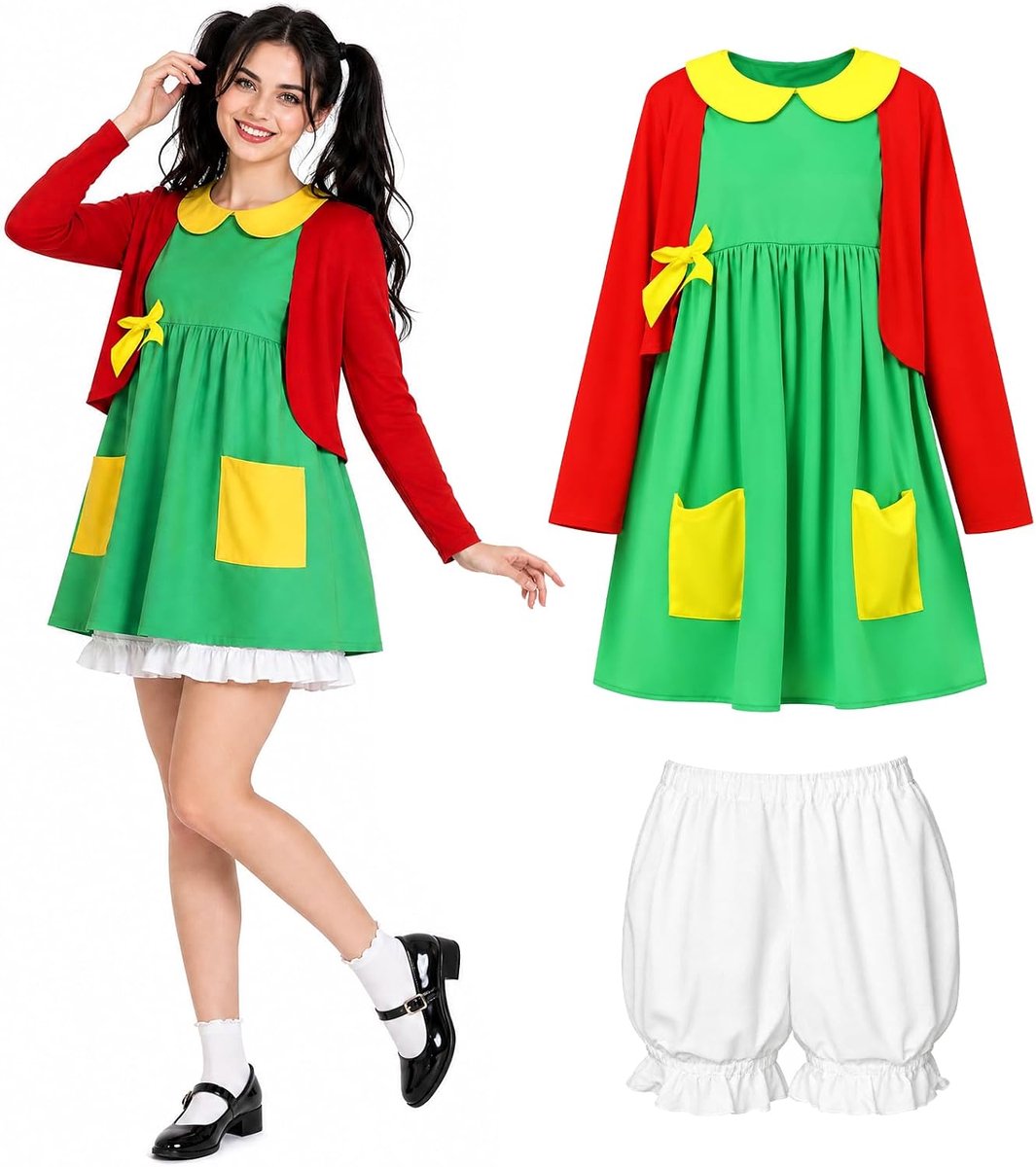 Halloween-kostuum voor dames, cosplay-kostuum, groene jurk met rood vest