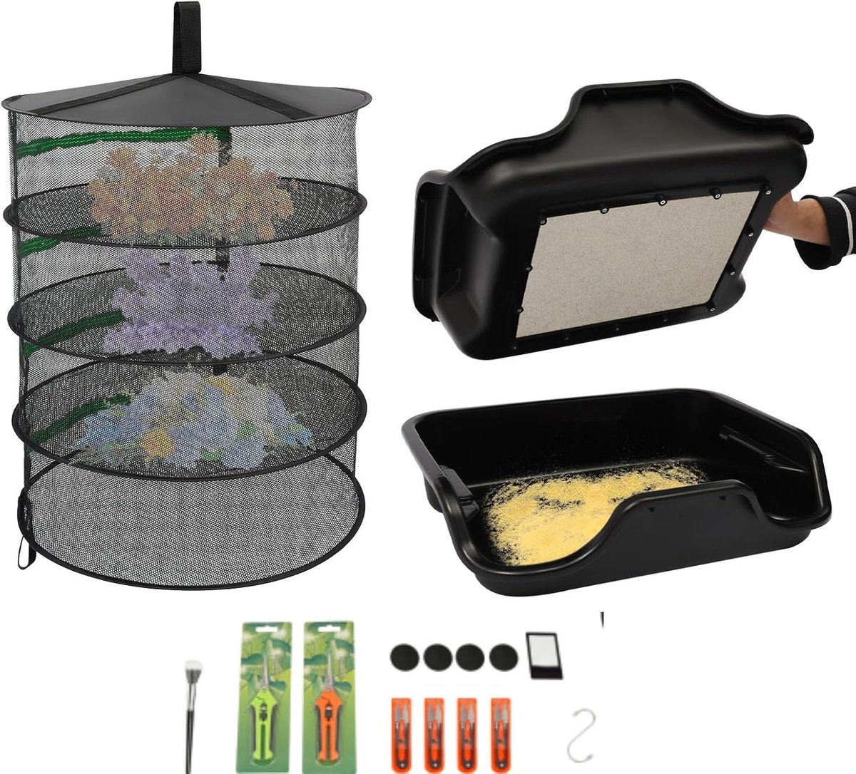 Bin Set met 150 μm zeef, 50 x 39 cm werkblad, complete trimdienblad-set accessoires met 2 scharen en 4 kleine scharen, droognet en vergrotingskaart, voor pollen, kruiden en bloemen